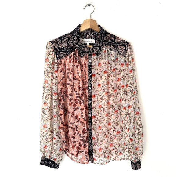Chelsea And Theodore Size L Button Up Boho Floral Mix Print Shirt Top - Picture 1 of 9